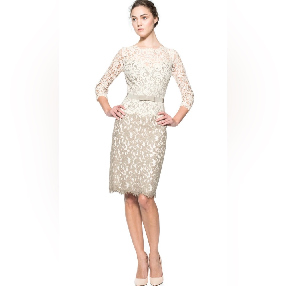 Tadashi Shoji LACE ¾ SLEEVE DRESS WITH GROSGRAIN RIBBON BELT worn 1x size 4